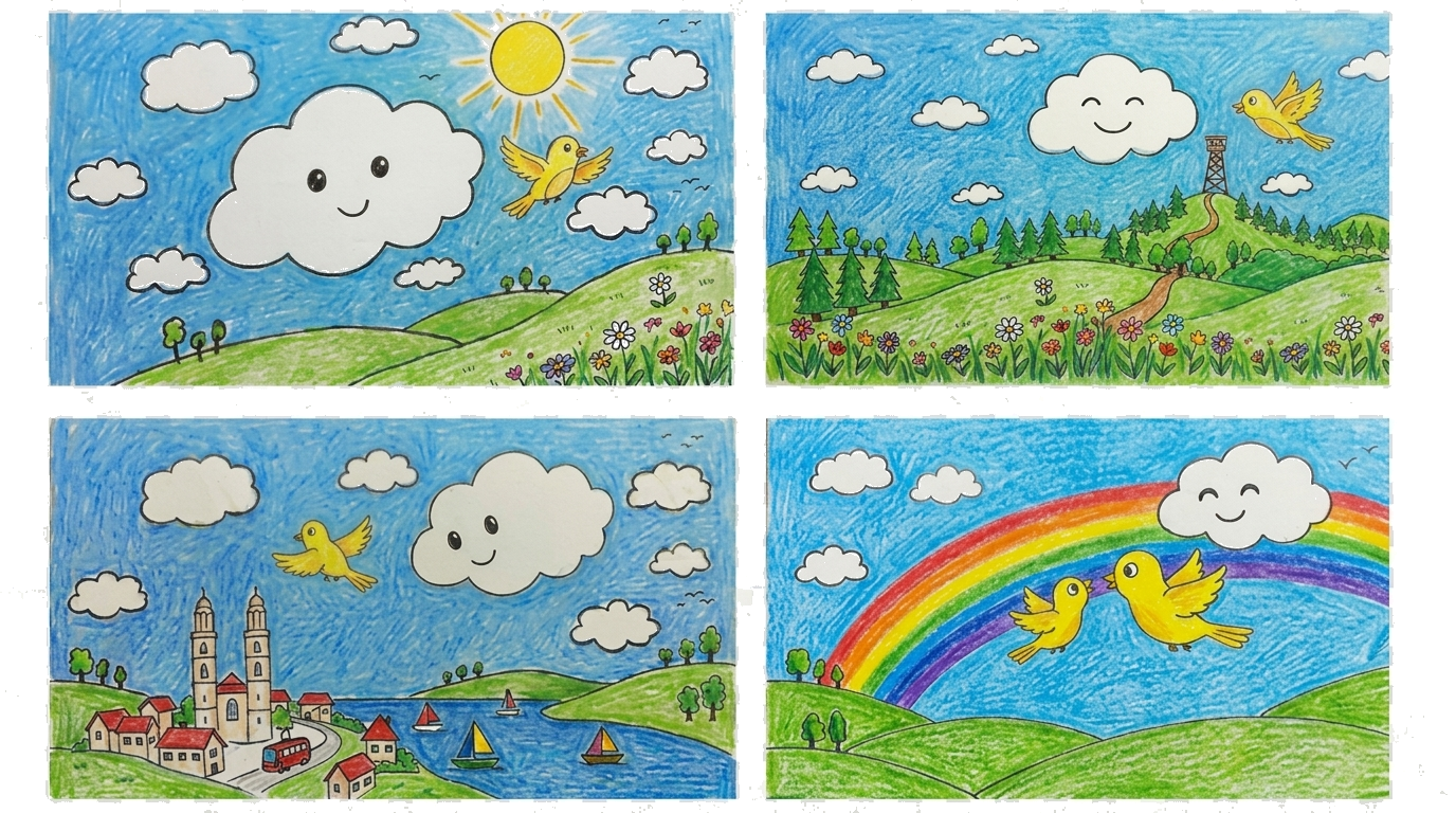 Drawn scenes — clouds, birds, rainbows