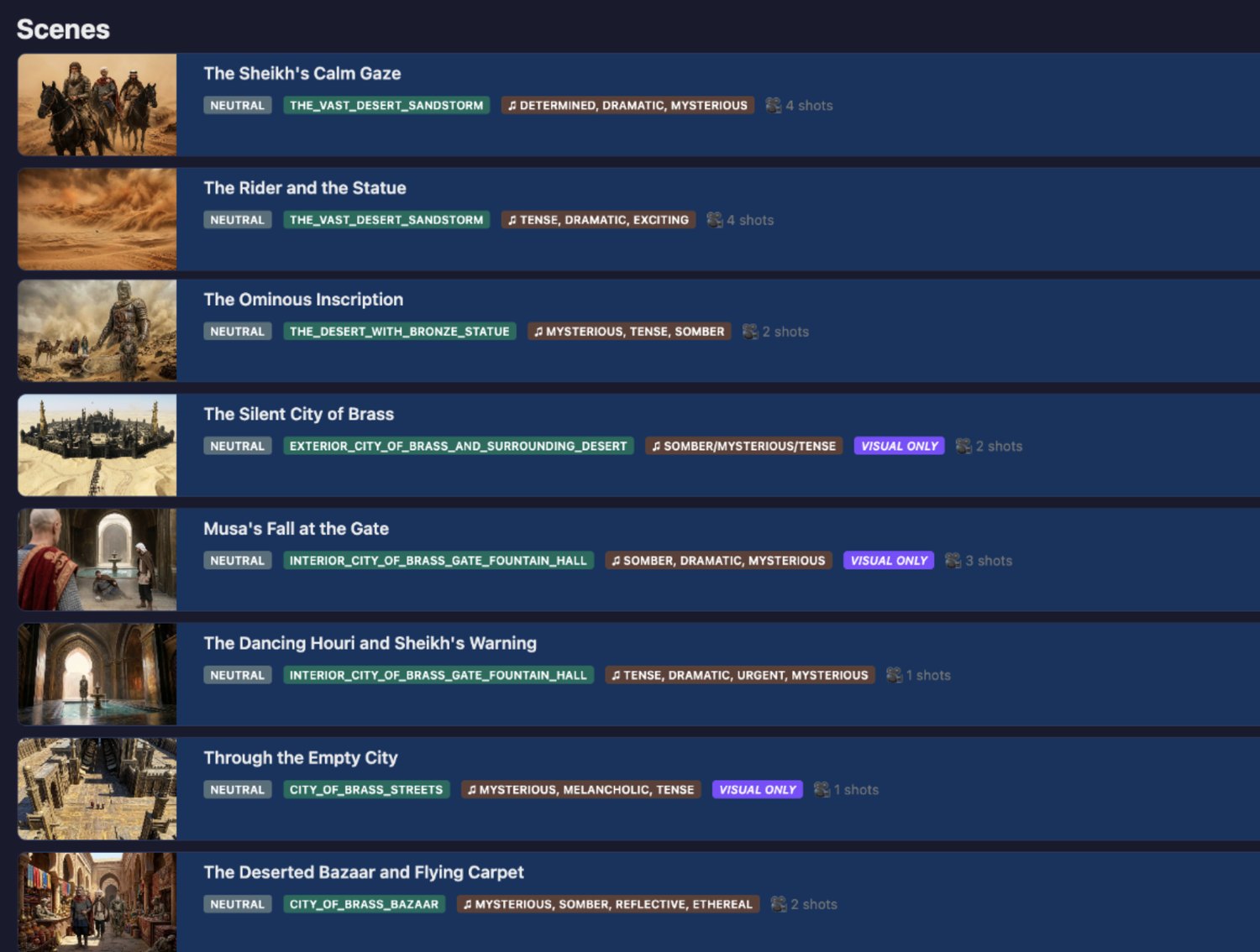 Scene list with mood tags, environments and shot counts