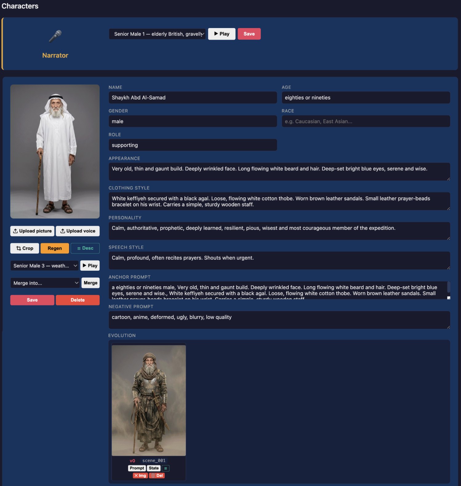 Character record with appearance, personality, voice and evolution variants