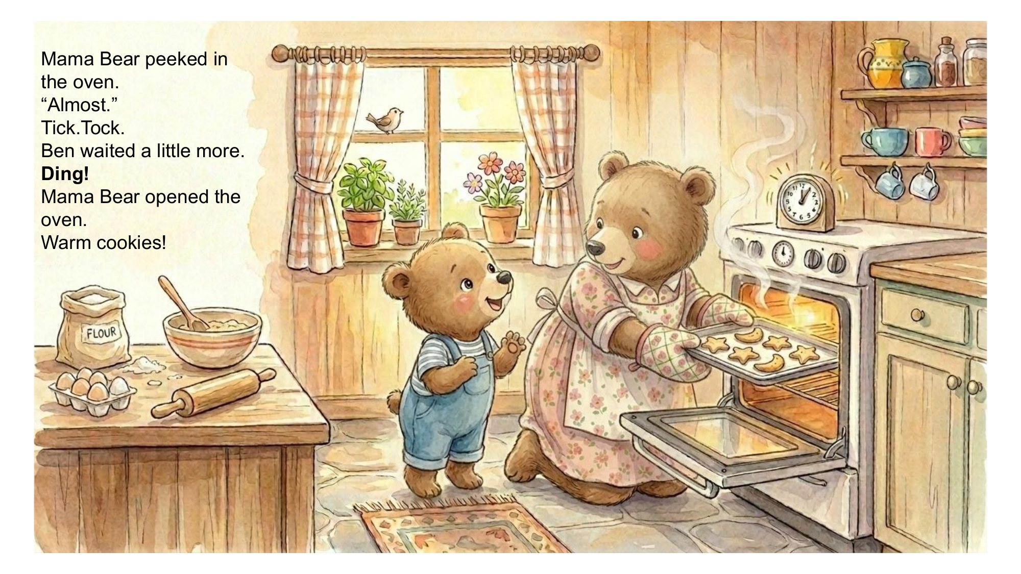 The oven timer rings and the cookies are ready
